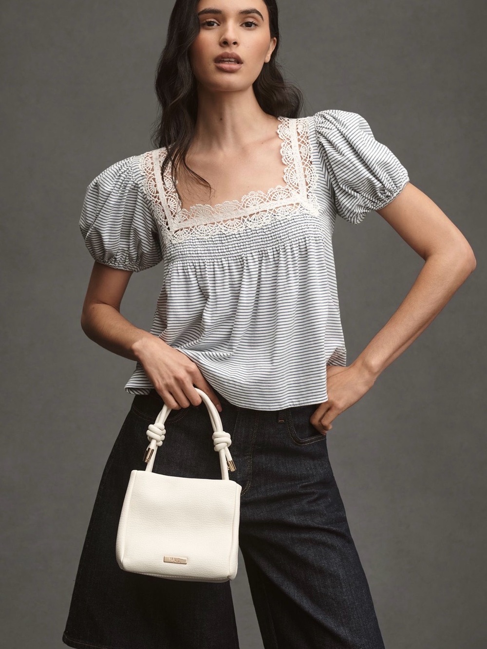 Anthropologie - Maeve - Lace-Trim Striped Puff Sleeve Top
